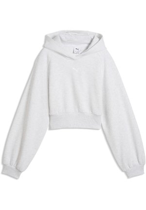 Weißes, kurzes Hoodie mit langen Ballonärmeln und gerippten Bündchen, mit kleinem Puma-Logo auf der Brust und Kapuze ohne Kordelzug.