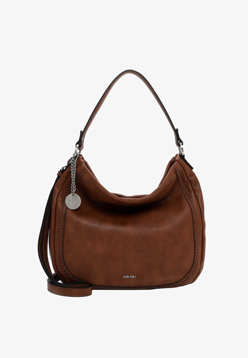 Brown leather shoulder bag with braided edges, silver logo charm, and adjustable strap.