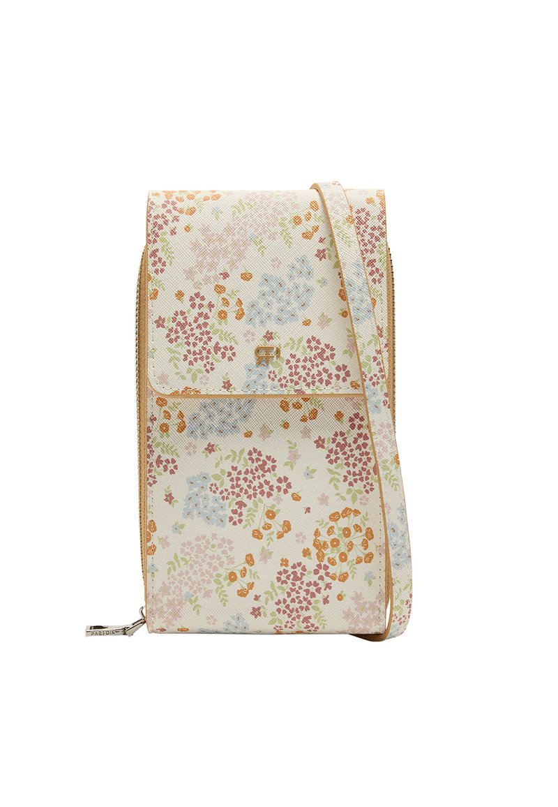 Torba na ramię w kwiatowy wzór z jasnobeżowym tłem, ozdobiona różowymi, niebieskimi i pomarańczowymi kwiatami. Zamek błyskawiczny i regulowany pasek.