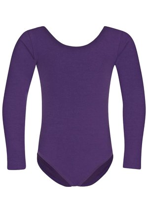 Purple long-sleeve bodysuit with a rounded neckline. Made from stretchy fabric, features a fitted design and snap closure at the bottom.