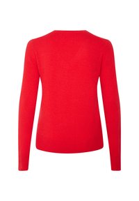 Pull en laine rouge avec des manches longues, un col rond et une texture lisse. Design simple et dépouillé sans motifs ni éléments métalliques visibles.