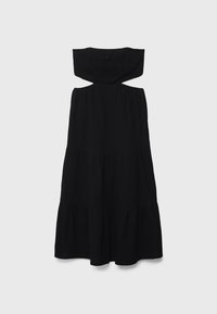 Robe noire sans manches avec jupe à volants et une large partie haute repliée, présentée sur un fond gris clair uni.