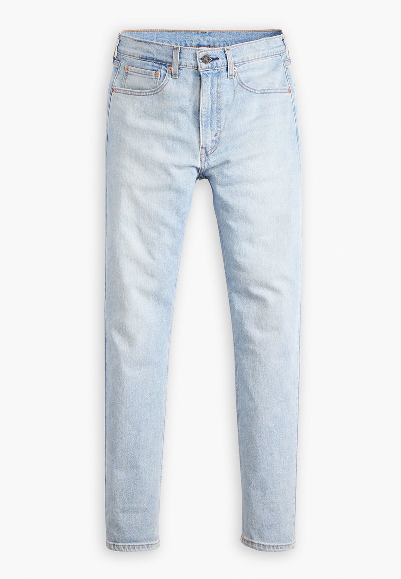 Lichtblauwe denim jeans met een slim fit, vijf zakken, knoopsluiting en gestikte accenten. Gladde textuur met subtiele vervaging.
