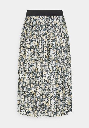 Květinová plisovaná sukně s černým elastickým pasem; zdobena bílými, žlutými a modrými květy na tmavém pozadí.