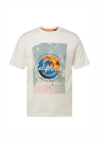 Camiseta de algodón blanca con un gráfico colorido de un atardecer con palmeras, el texto "California" y la impresión "Playa Santa Mónica".