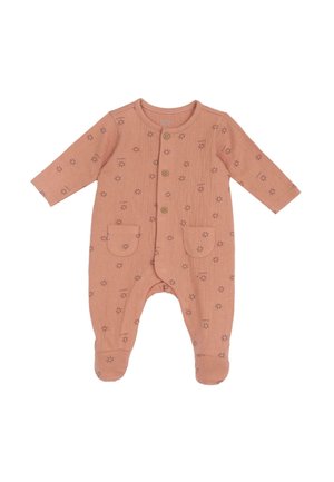 Body de bebé color óxido, de mangas largas, con cierre de botones, dos bolsillos delanteros y un patrón de flores en toda la tela texturizada.