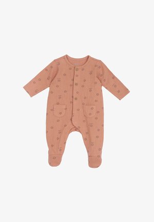 Bodysuit pour bébé couleur rouille, à manches longues, avec fermeture à boutons, deux poches à l'avant et un motif floral sur un tissu texturé.