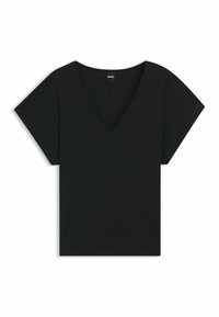 Top corto nero a maniche corte con scollatura a V profonda, texture morbida e taglio dritto. Design minimalista senza motivi o decorazioni.