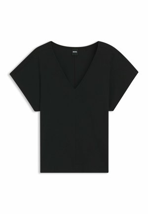 Zwart T-shirt met korte mouwen, voorzien van een diepe V-hals, zachte textuur en rechte snit. Minimalistisch ontwerp zonder patronen of versieringen.
