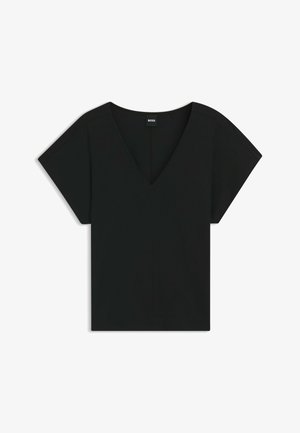 Schwarzes Kurzarmoberteil mit tiefem V-Ausschnitt, weichem Material und gerader Passform. Minimalistisches Design ohne Muster oder Verzierungen.