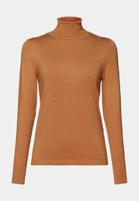 Pull à col roulé camel marron à manches longues avec une texture tricotée lisse et ajustée, présenté sur un fond gris clair uni.