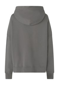 Sudadera con capucha gris que presenta un ajuste relajado, mangas largas y puños acanalados. Textura suave sin patrones visibles ni herrajes.