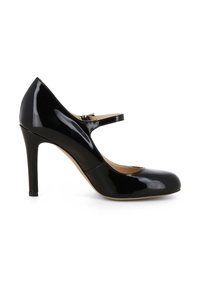 Scarpa nera in vernice con tacco alto, punta arrotondata, cinturino alla caviglia e tacco a stiletto affusolato, con una finitura lucida.