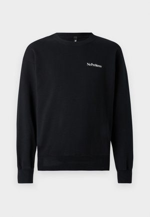 Black sweatshirt made of soft fabric, features a crew neck, long sleeves, ribbed cuffs, and a white "NoProblemo" text logo on the chest.