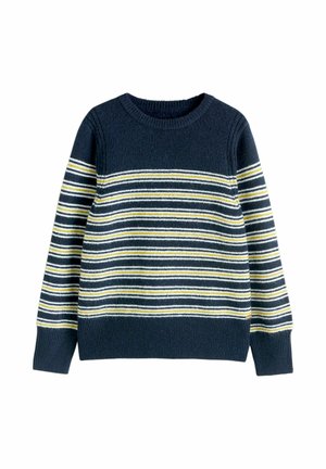Marineblauer Pullover mit mehrfarbigen Streifen in Weiß und Gelb. Mit geripptem Rundhalsausschnitt und langen Ärmeln. Weicher, strukturierter Stoff.