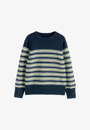 Navy sweater with multi-colored stripes in white and yellow. Features a ribbed crew neck and long sleeves. Soft, textured fabric.