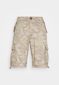 Beige and tan camouflage cargo shorts with multiple flap pockets and a button closure at the waist, displayed on a white background.
