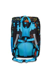 Zaino nero con accenti blu, spallacci regolabili, imbottitura in rete e motivi grafici colorati. Adatto per diverse attività e fasce d'età.