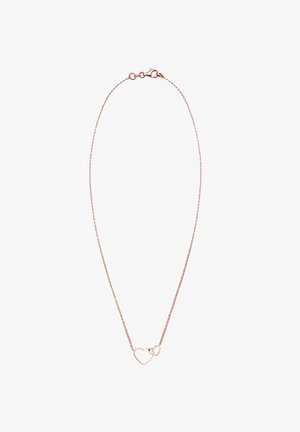 Collana in oro rosa con due pendenti a forma di cuore intrecciati su una delicata catena. Texture liscia, design delicato, lunghezza regolabile con chiusura.