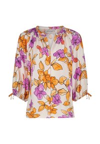 Bloes met bloemen in paars en oranje op een crèmekleurige achtergrond. Voorzien van een ronde halslijn en driekwartmouwen met verstelbare ties.