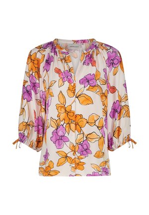 Blumenbluse mit lila und orangefarbenen Blumen auf einem cremefarbenen Hintergrund. Verfügt über einen runden Ausschnitt und Dreiviertelärmel mit verstellbaren Bändern.