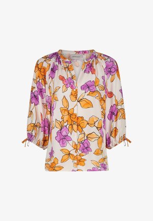 Blumenbluse mit lila und orangefarbenen Blumen auf einem cremefarbenen Hintergrund. Verfügt über einen runden Ausschnitt und Dreiviertelärmel mit verstellbaren Bändern.