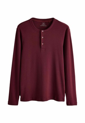 Langarm Slim-Fit Henley-Shirt in dunklem Burgunderrot mit drei Knöpfen und rundem Halsausschnitt.