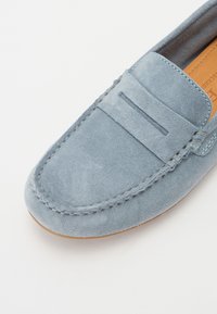 Sinised sametist loafers, millel on sujuv tekstuur, silmapaistvate õmblustega ja kõrgendatud esipaneel. Tallad on pruunid ja tasased.