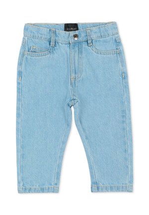 Jasnoniebieskie dżinsy dla małych dzieci z przednim guzikiem, zamkiem błyskawicznym, szlufkami na pasek i dwoma przednimi kieszeniami.