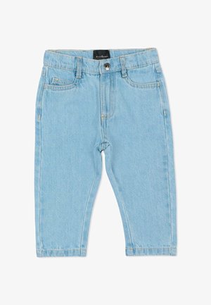 Jeans in denim azzurro chiaro per bambino con bottone frontale, cerniera, passanti per cintura e due tasche frontali.