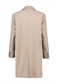 Cappotto in misto lana beige con taglio dritto, colletto a notched e polsini abbottonati. Texture liscia con un design pulito e minimalista.