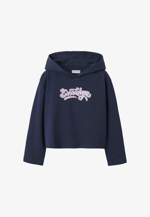 Felpa corta con cappuccio blu navy in cotone, con grafica "Brooklyn" bianca e rosa sul davanti, dotata di cappuccio spazioso e maniche lunghe.