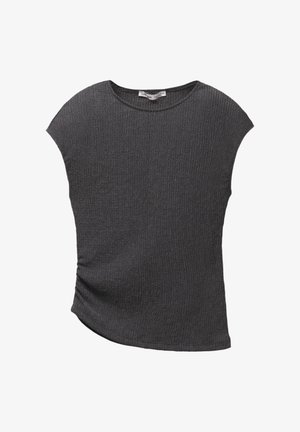 Haut gris à manches courtes en tissu texturé et nervuré. Doté d'un ourlet incurvé et d'une coupe décontractée, idéal pour un look casual.