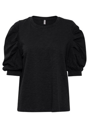 Fekete rövid ujjú póló kerek nyakkivágással, puffos ujjal és laza szabással. Texturált anyag, amely finom fényű.