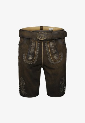Traditional dark brown leather lederhosen shorts with ornate tan embroidery and a belt featuring an antler-themed buckle.