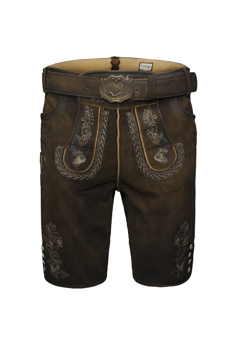 Pantalones cortos de lederhosen de cuero marrón oscuro tradicionales con bordados ornamentales en color tostado y un cinturón con una hebilla temática de cuerno.