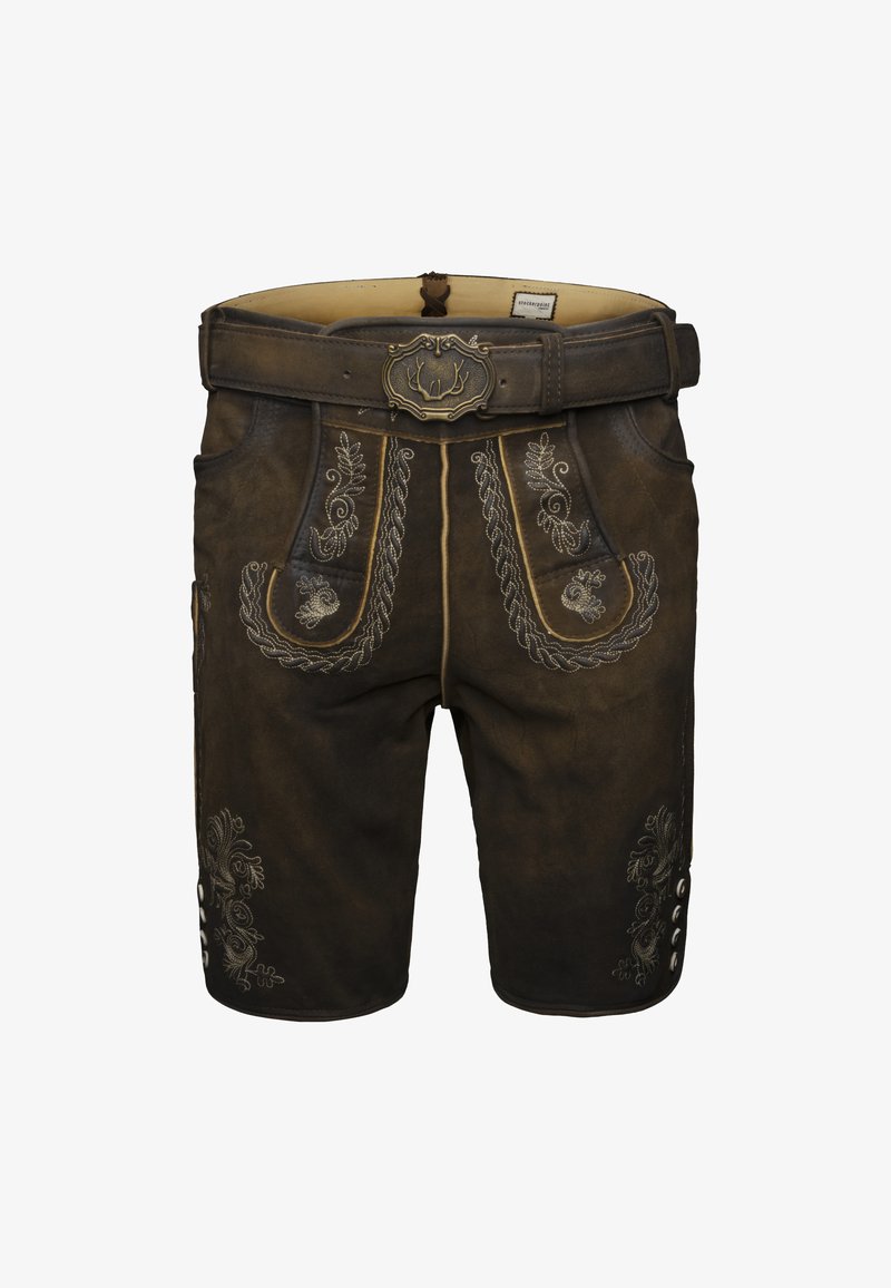 Traditional dark brown leather lederhosen shorts with ornate tan embroidery and a belt featuring an antler-themed buckle.