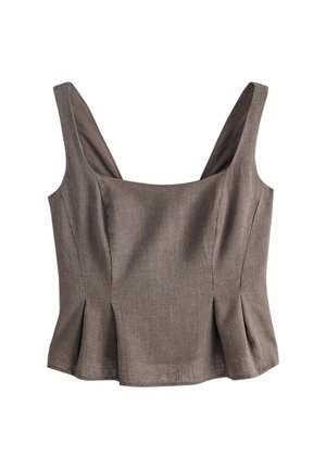 Braunes ärmelloses, kurz geschnittenes Oberteil mit breiten Trägern, quadratischem Ausschnitt und taillierten Falten.