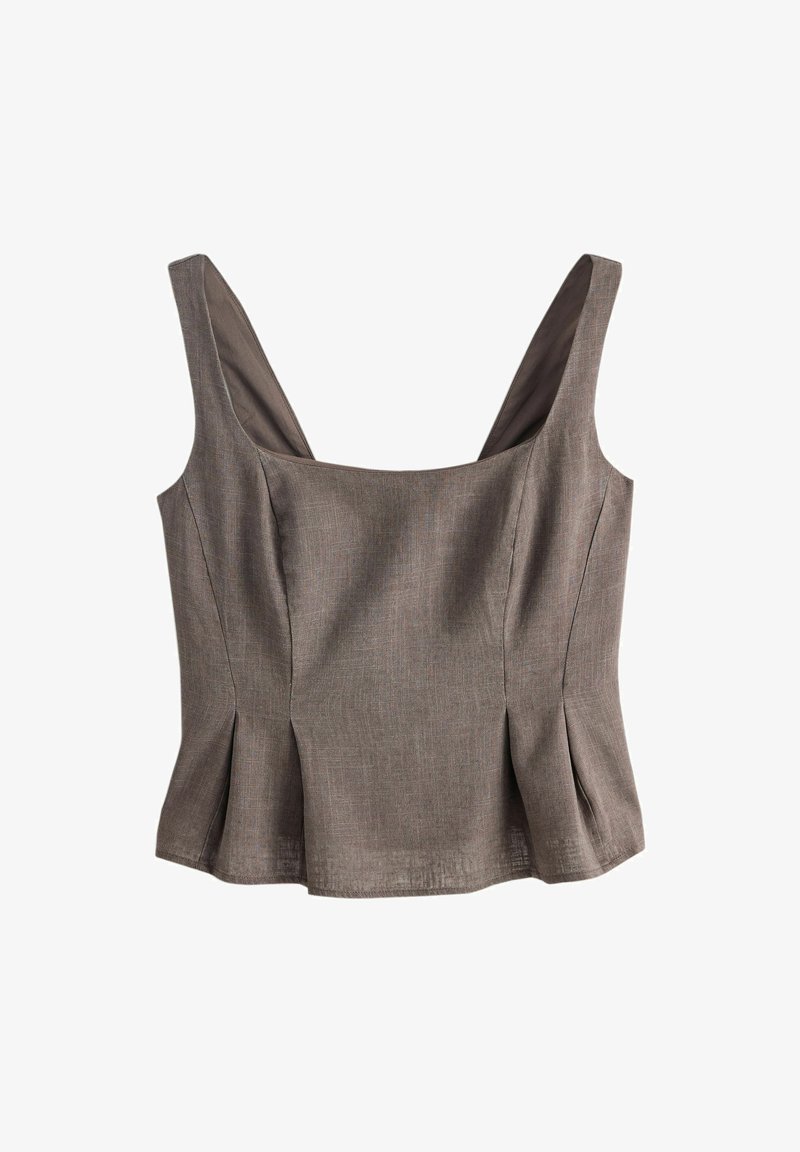 Haut court marron sans manches avec de larges bretelles, encolure carrée et plis ajustés à la taille.