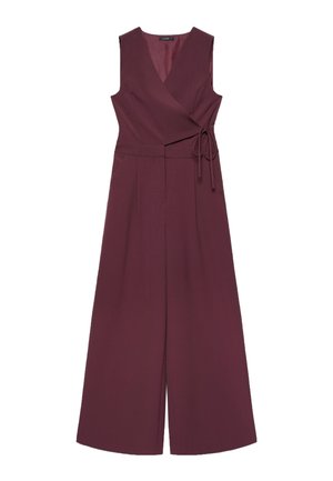 Tuta senza maniche in stile avvolgente di colore viola intenso, con gambe ampie, scollo a V e dettaglio con nodo sul lato destro in vita.