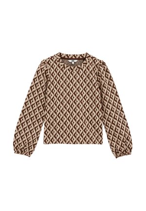 Top long à manches longues à motifs marron avec un décolleté carré, des manches bouffantes et un motif géométrique dans des tons beige et marron foncé.