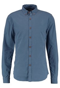 Blå langærmet skjorte med knapper, lavet af bomuld, med spids krave, brune knapper og en brystlomme. Glat, tekstureret stof.