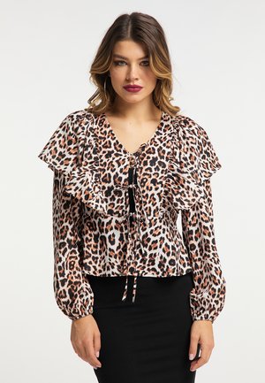 Bluse med leopardprint, der har flæseærmer, V-hals og bindebånd i taljen. Fremstillet af letvægtsstof med en blød tekstur.