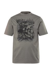 Šedé bavlněné tričko s potiskem lebky v cylindru, s půllitrem piva a dekorativními prvky. Krátké rukávy a klasický kulatý výstřih.