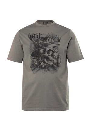 T-shirt in cotone grigio con una grafica di Skull, un cilindro, un boccale di birra e elementi decorativi. Design a maniche corte e colletto rotondo.