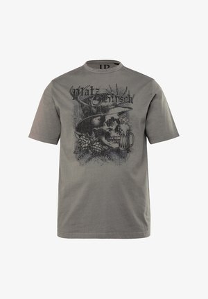 T-shirt en coton gris avec un graphique de crâne portant un haut de forme, une chope de bière et des éléments décoratifs. Manches courtes et col rond.