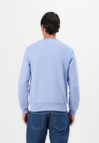 Lysblå bomulds sweatshirt med rund hals, ribbede ærmer og kant; båret med blå denim jeans; minimalistisk design uden grafik.