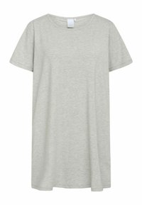 Jasnoszara, krótkosleeve t-shirt wykonany z miękkiego materiału. Okrągły dekolt i luźny krój, bez widocznych wzorów czy akcentów.