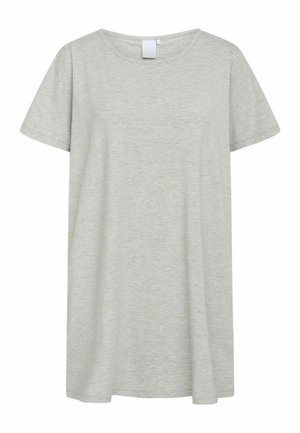 Jasnoszara, krótkosleeve t-shirt wykonany z miękkiego materiału. Okrągły dekolt i luźny krój, bez widocznych wzorów czy akcentów.