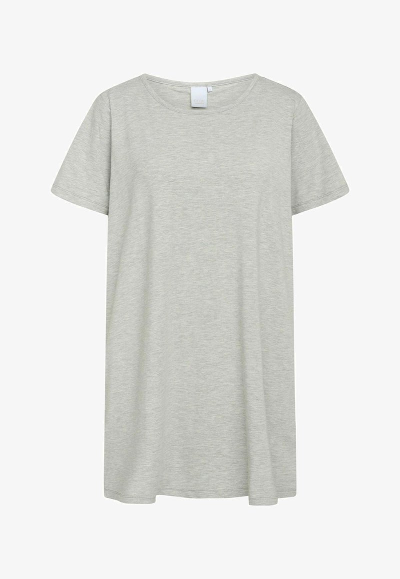 Hele halli lühikeste varrukatega T-särk, mis on valmistatud pehmest kangast. Ümar dekoltee ja mugav lõige, ilma nähtavate mustrite või aktsentideta.